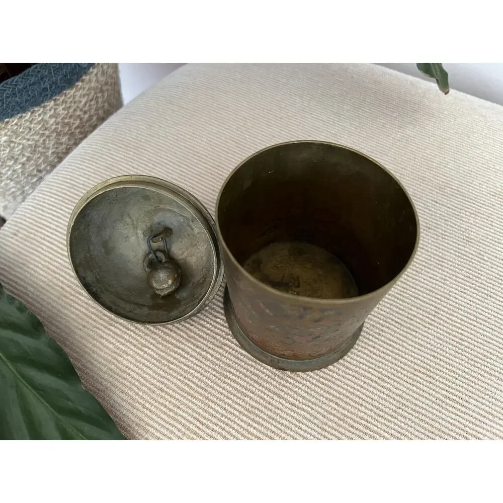 Vintage Brass Lidded Canister Hand Etched Bell Top Jar Bohemian Trinket Box